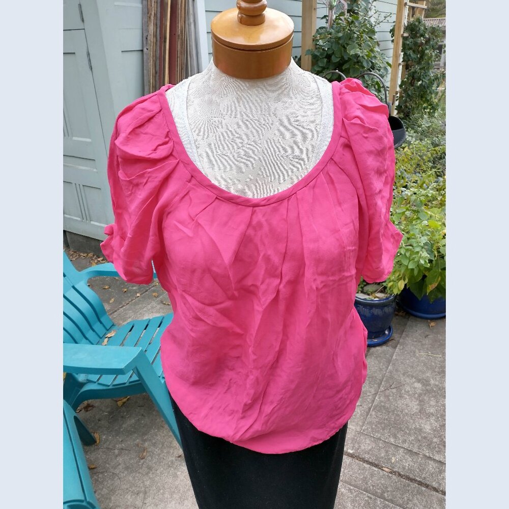 Top: Silk, fuchsia, short sleeve w/scoop neck. Size large - by Joie